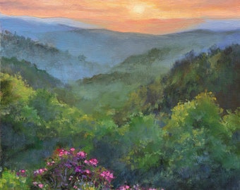 North Carolina ORIGINAL painting, American landscape, Country oil painting, Spring flowers, Blue Ridge, Mountains sunset, Trees landscape