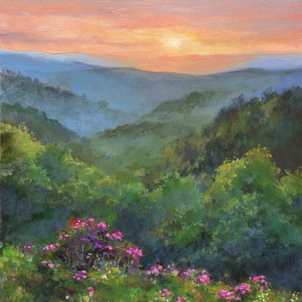 North Carolina ORIGINAL painting, American landscape, Country oil painting, Spring flowers, Blue Ridge, Mountains sunset, Trees landscape