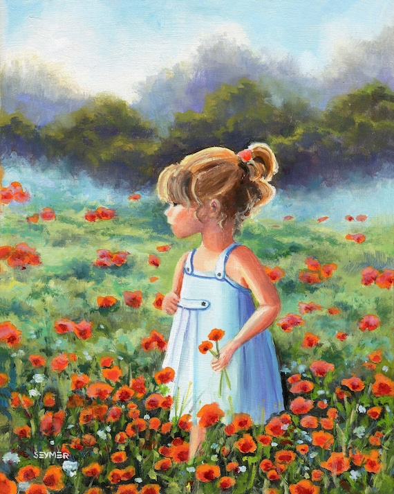 Little Girl Painting, Children Oil Painting, Child in Poppy Field Painting,  Framed Mini Painting for Nursery Girl Room Country Bedroom Decor 