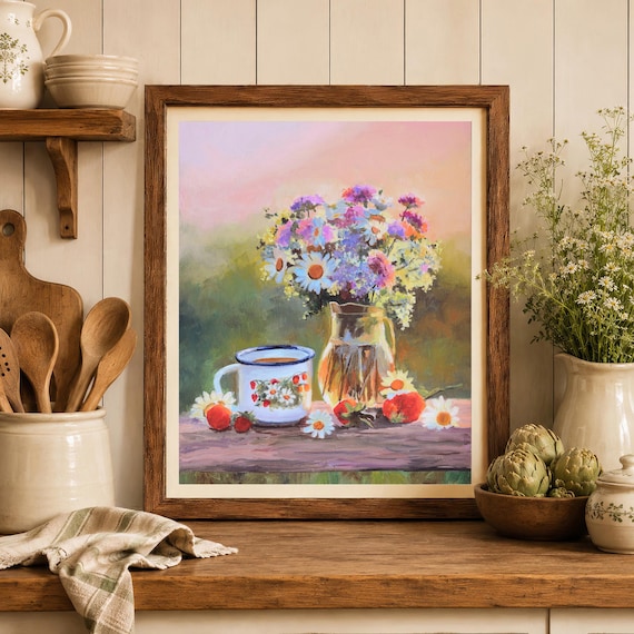 Pink Flower Vase Still Life Art PRINT, Flowers and Fruits Artwork, Country Floral Still Life Art, Vase With Flowers, English Kitchen Decor