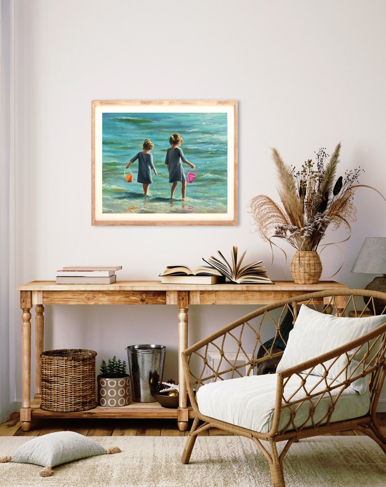 Children Playing on the Beach Painting PRINT, Sisters Portrait Artwork ...