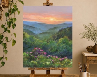 ORIGINEEL schilderij North Carolina, Amerikaans landschap, landolieverfschilderij, lentebloemen, Blue Ridge, zonsondergang bergen, landschap bomen