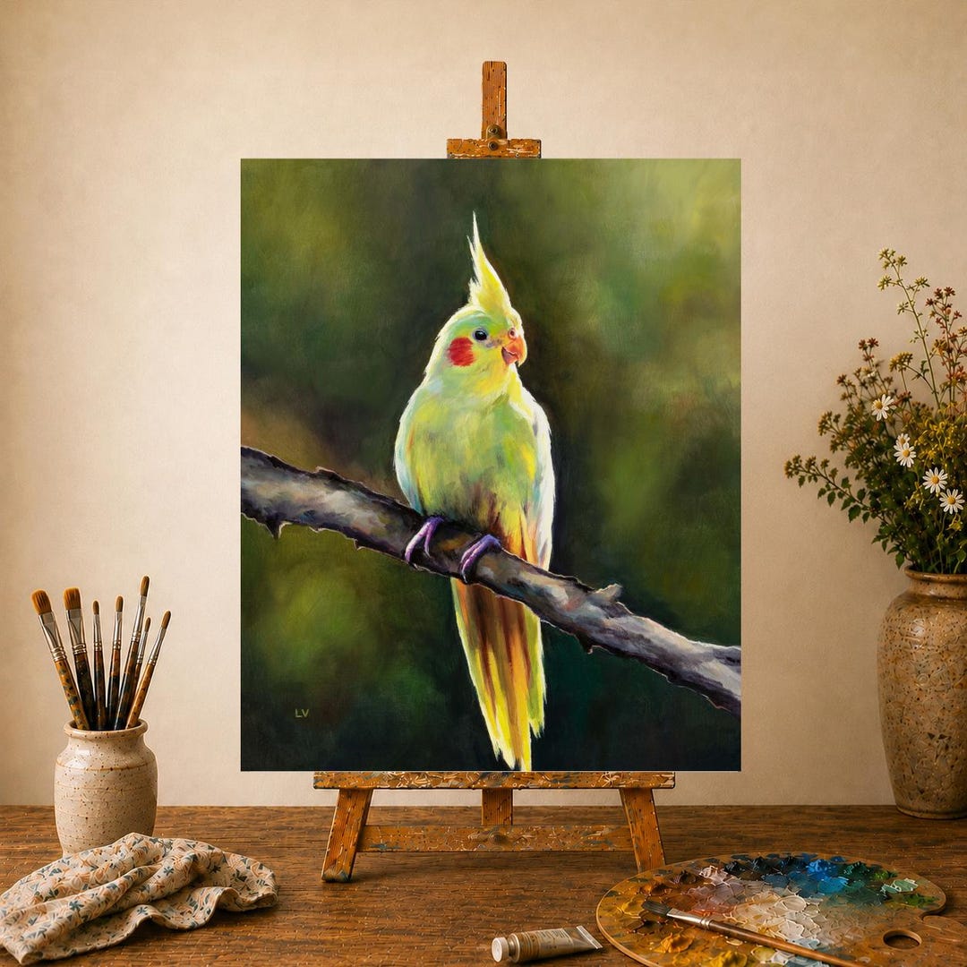 Cockatiel oil painting ORIGINAL, Realistic jungle bird artwork
