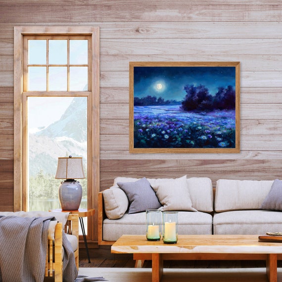 夜の花畑アートプリント、青い野花の草原の絵画、満月の風景