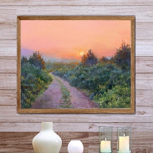 Path countryside painting art PRINT, Landscape forest mountains trees nature sunset, Homestead wall decor, Colours sky sunset, Cottage decor