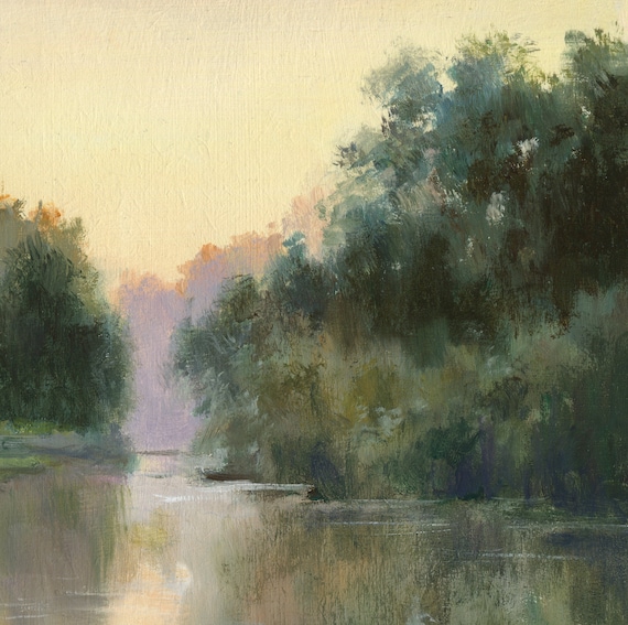 穏やかな川のアートプリント、ヴィンテージの風景、柔らかい色の自然