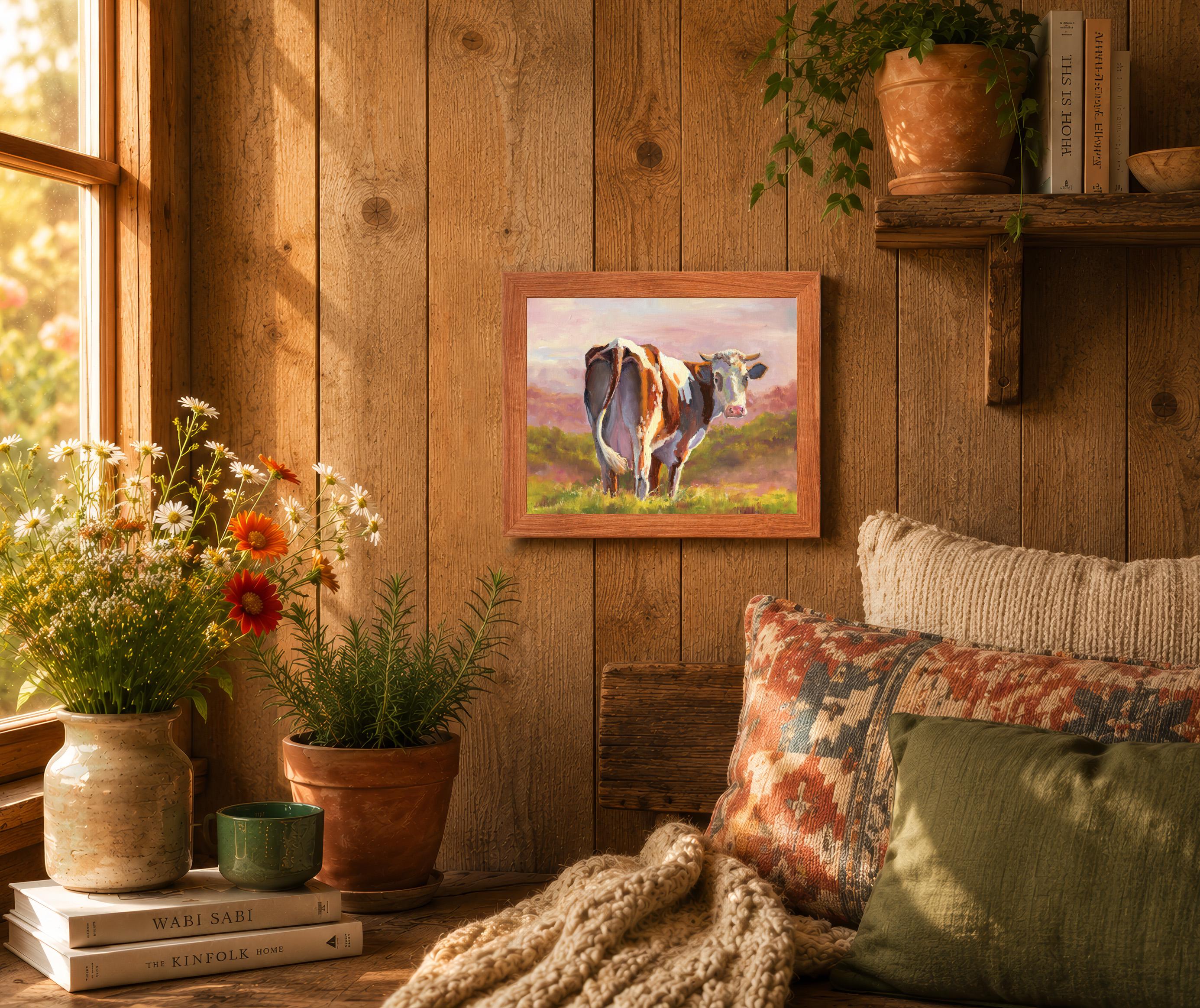 牛の絵、農家風オリジナル作品、牛のいる風景、乳牛の牧草地のアート