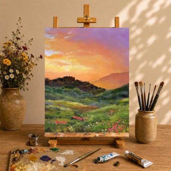 夕日の風景油絵オリジナル、額装された田園風景画、モダンな農家風絵画