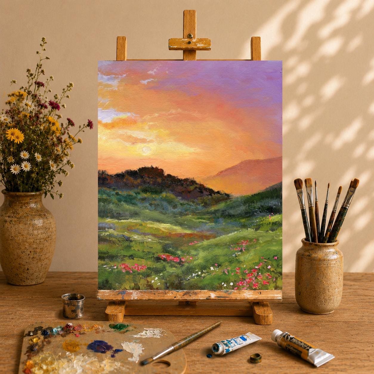 夕日の風景油絵オリジナル、額装された田園風景画、モダンな農家風絵画