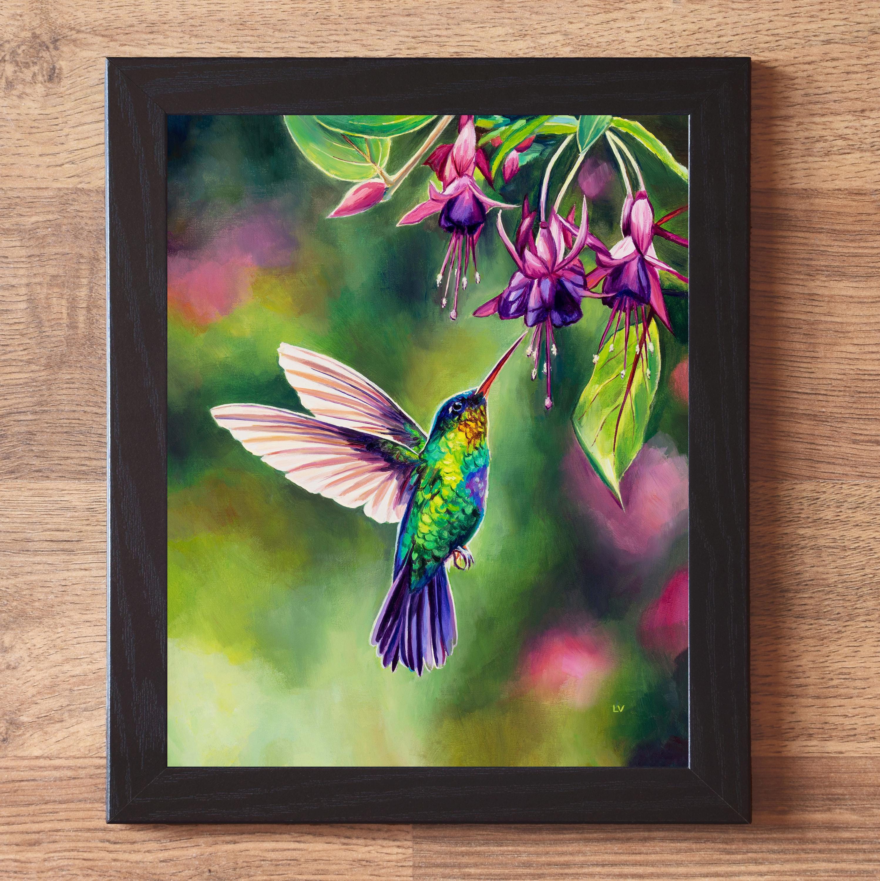 Fuchsia flowers and hummingbird oil painting, Tropical bird