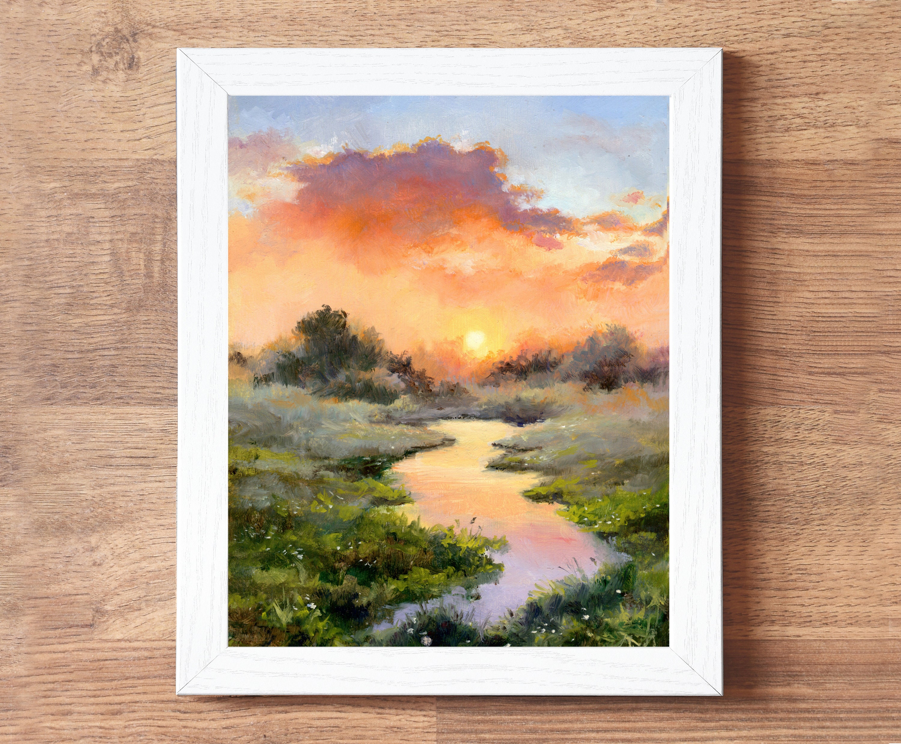 霧のかかった川の風景 オリジナル油絵、空と雲と夕日のアート、霧の