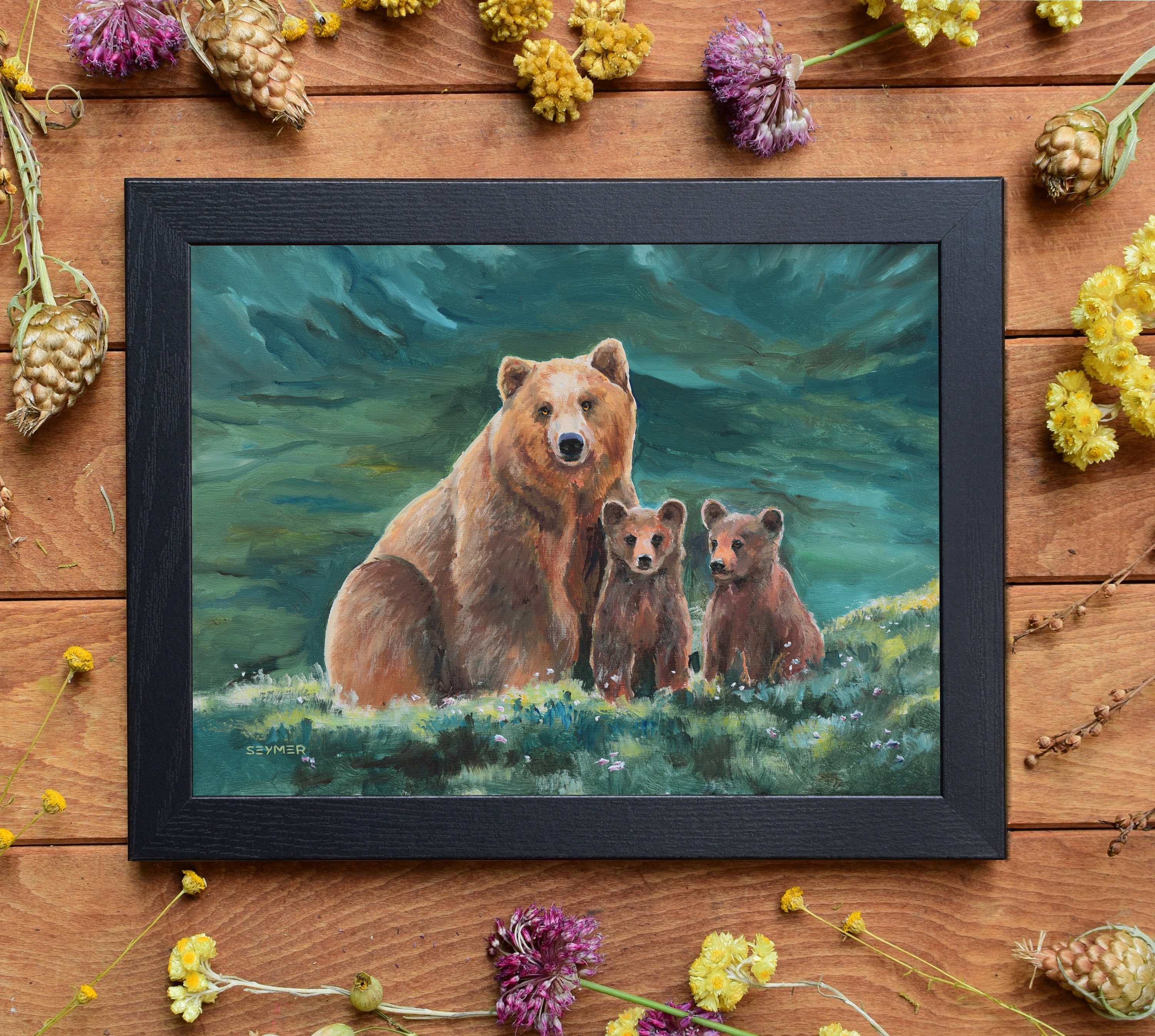 クマの油絵 オリジナル グリズリー クマの絵画 赤ちゃんの部屋の