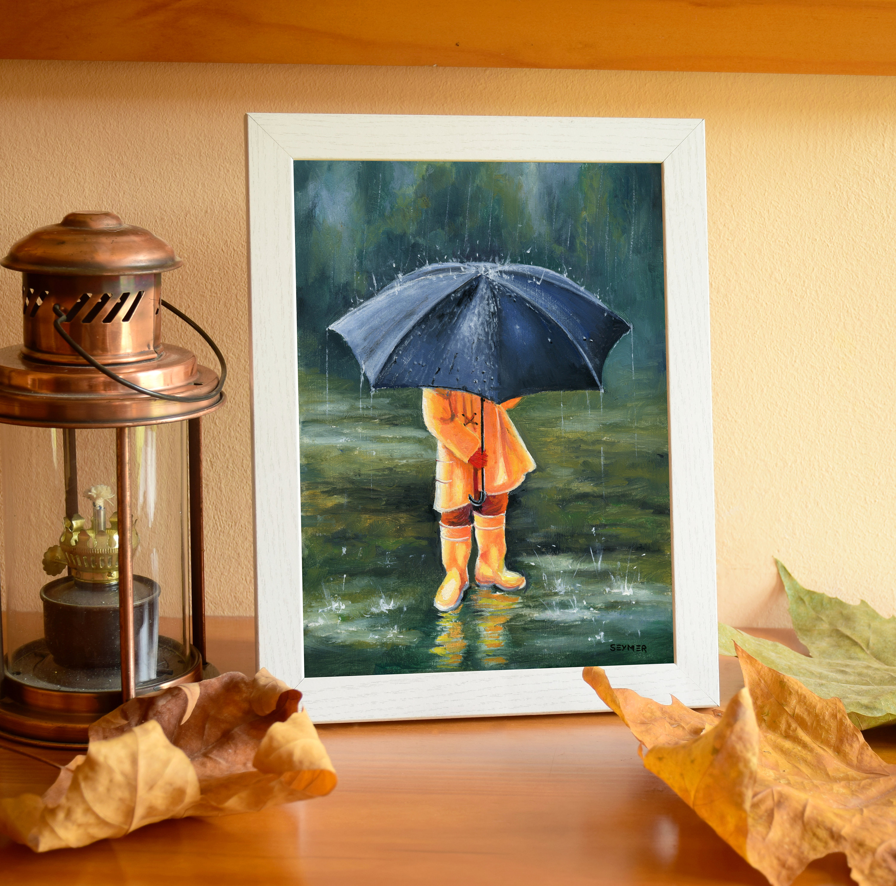 傘を持った男の子のオリジナル絵画、雨の日のアートワーク、小さな  