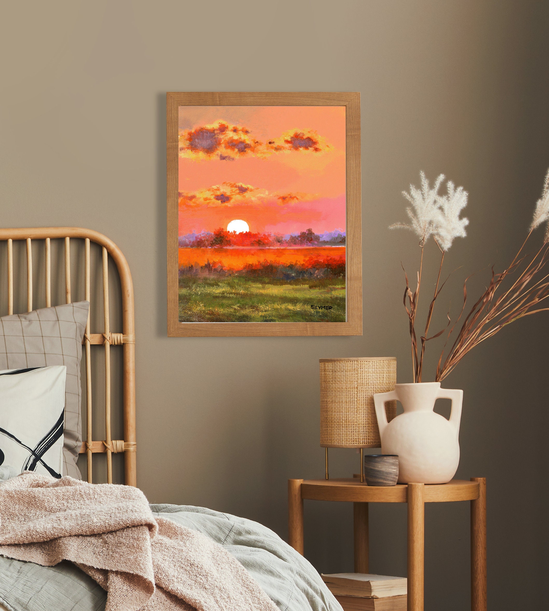 赤い夕焼けの絵画オリジナル、穏やかな川の壁アート、カラフルな油絵の