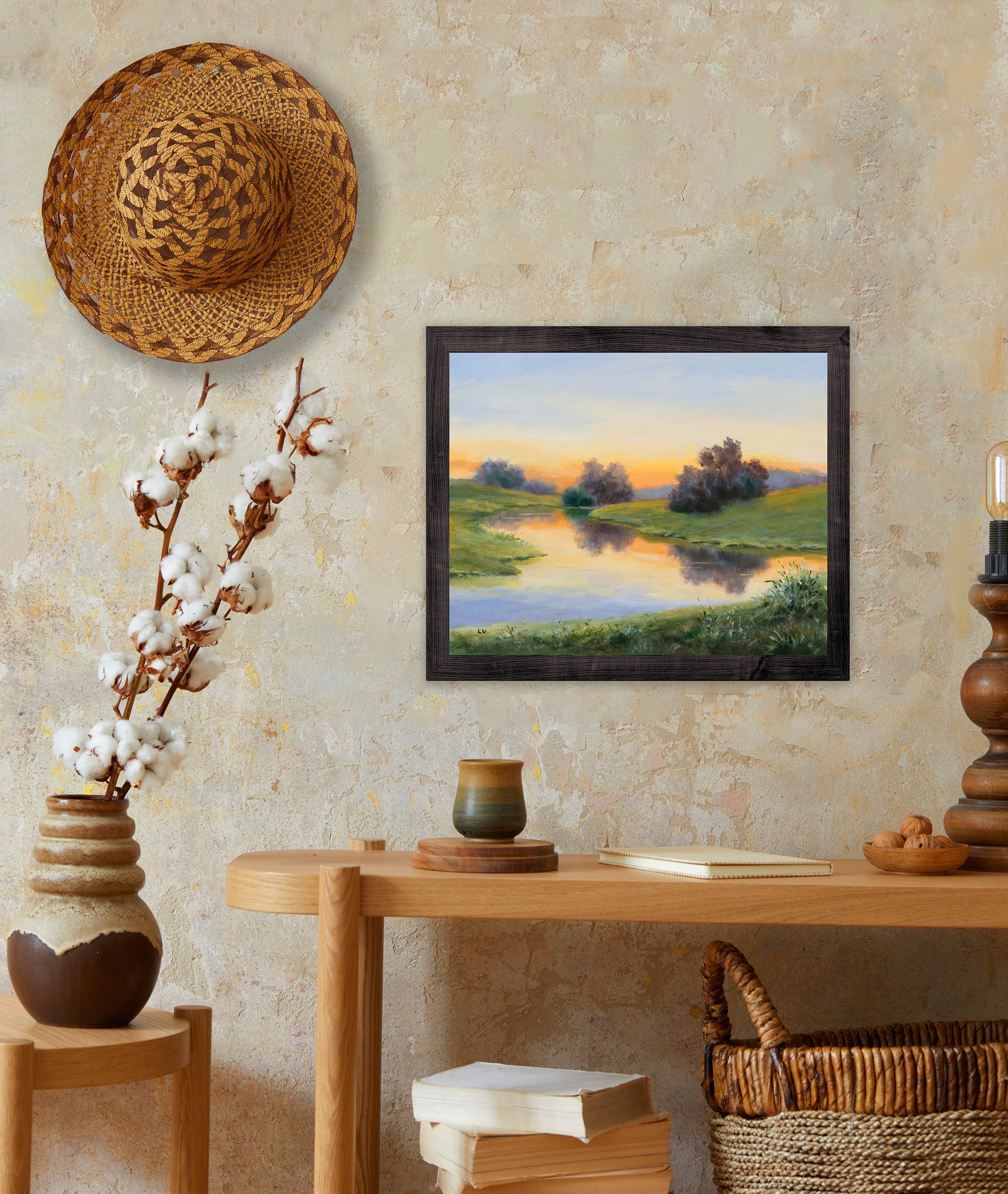 木々のある川の絵、オリジナルの額装絵画、リアルな日の出の川、緑の草