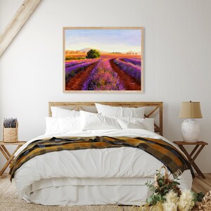 May include: A painting of a lavender field with a dirt road leading through it. The field is a vibrant purple and the road is a warm brown. There is a small tree in the middle of the road.