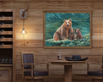 クマのアートプリント、母熊と子熊、ハイイログマの絵画、野生動物の