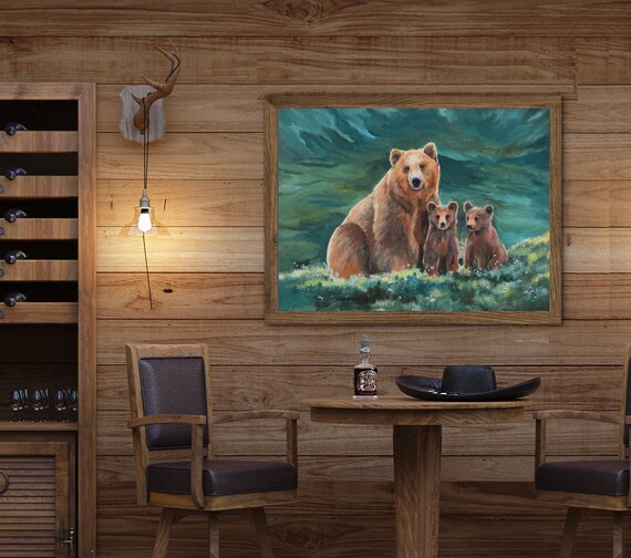 クマのアートプリント、母熊と子熊、ハイイログマの絵画、野生動物の
