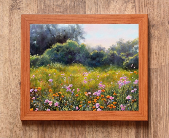 絵画 Oil painting of beautiful flowers. Colorful Flower Field ORIGINAL Oil Painting, Purple and Orange