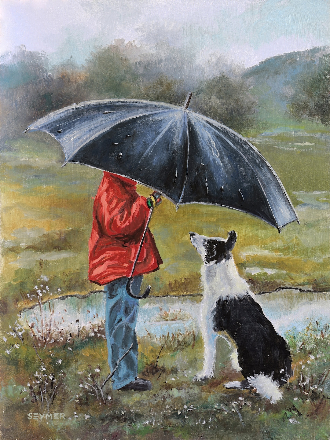 男の子と犬のアート、犬好きへのギフト、犬の油絵、ボーダーコリーの