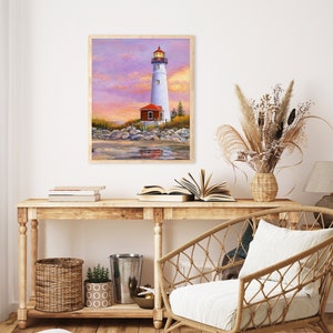 Lighthouse ORIGINAL painting, Sunset beach art framed, Crisp point lighthouse fine art, Seascape wall art Beach house decor Nautical artwork image 4