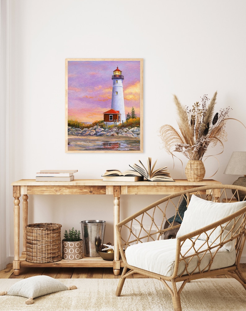 Lighthouse ORIGINAL painting, Sunset beach art framed, Crisp point lighthouse fine art, Seascape wall art Beach house decor Nautical artwork image 4