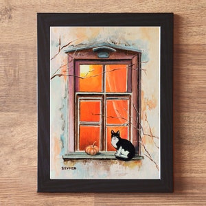 Petite peinture de chat smoking encadrée, art de chat dans la fenêtre, peinture à l'huile de chat d'automne, peinture miniature d'animal de compagnie, scène de fenêtre d'hiver cadeau pour l'amant de chat