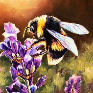 May include: A close-up of a bumblebee with yellow and black stripes, perched on a purple lavender flower. The bee's wings are spread out, and its legs are visible. The background is a blurred brown and green.