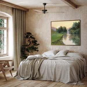 Arte original de rio na floresta, pintura a óleo vintage da natureza, paisagem aquática, arte de parede romântica em cores neutras, rio clássico com árvores e água. imagem 5