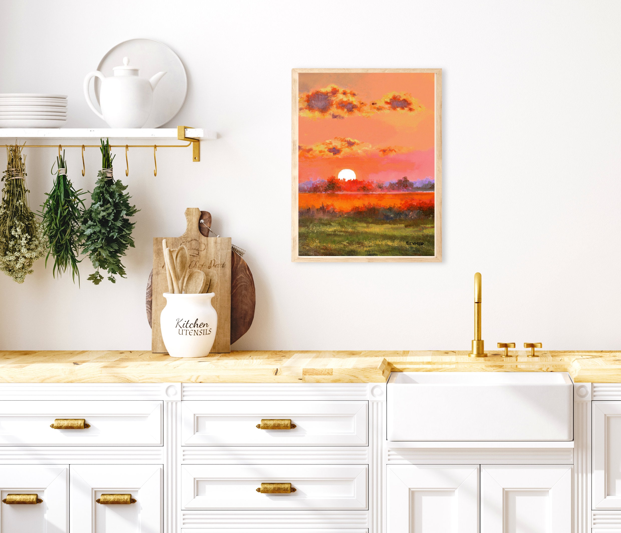 赤い夕焼けの絵画オリジナル、穏やかな川の壁アート、カラフルな油絵の