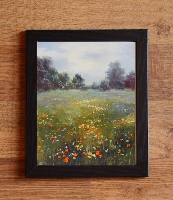 野花の風景画、花のあるフィールドのアート、農家の壁の装飾のための