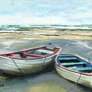 Fishing boat seascape ORIGINAL oil painting, Boat beach artwork, Sea coastal small art framed, Vintage beach landscape Nautical wall decor