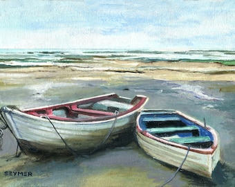 Fishing boat seascape ORIGINAL oil painting, Boat beach artwork, Sea coastal small art framed, Vintage beach landscape Nautical wall decor