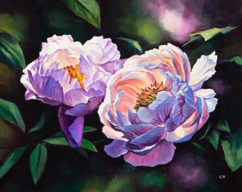 Peinture à l'huile ORIGINALE de fleurs de pivoine rose, grande oeuvre d'art de roses exquises, art mural floral au-dessus du canapé horizontal, cadeau d'anniversaire pour femme