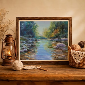 River rocks painting PRINT, Stones stream art, Buffalo national river park, Ozark mountains landscape wall decor, Lake house art Cabin decor