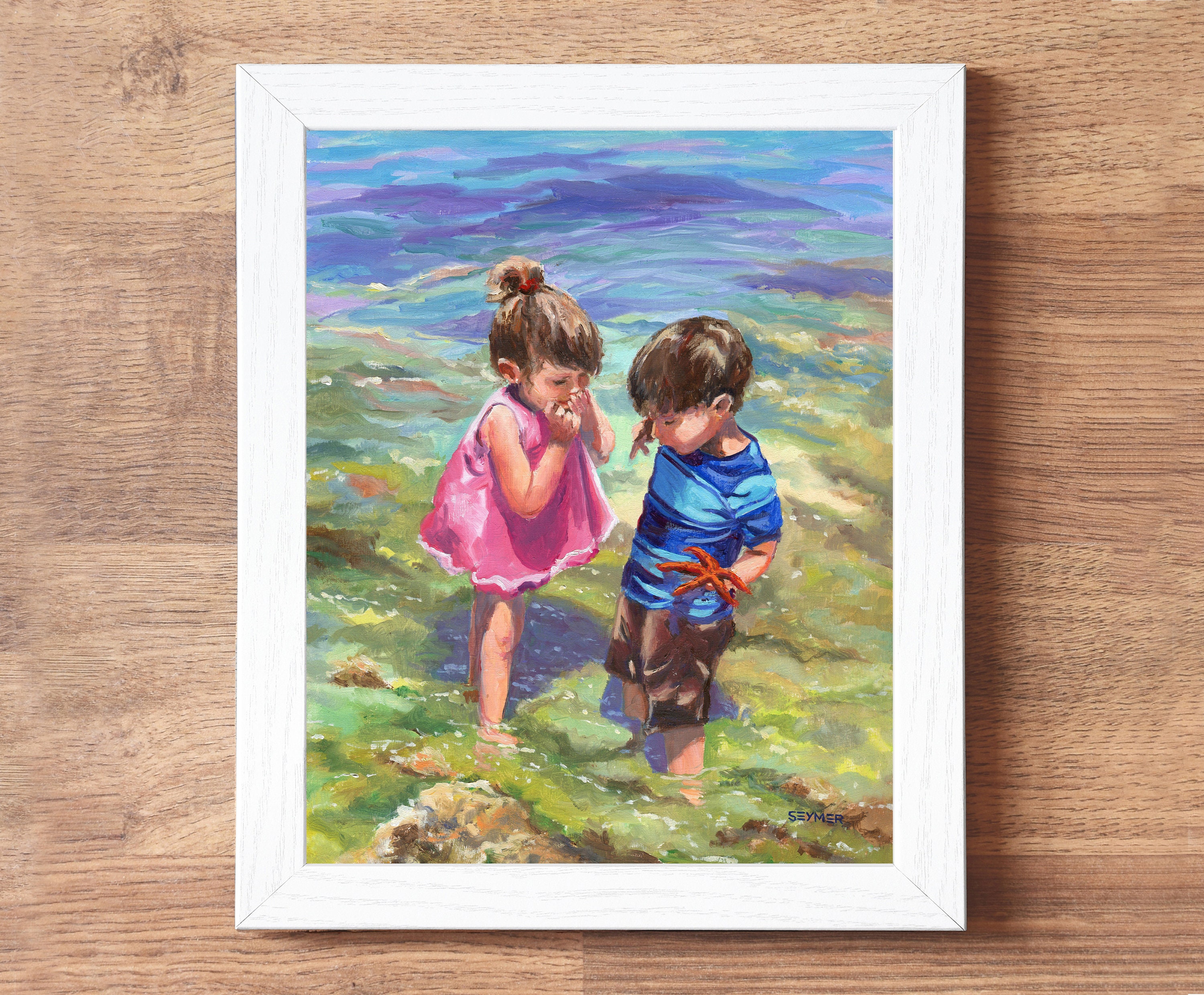 子供たちが遊ぶオリジナル油絵、夏の写実的な油絵（パネル）、感情豊か