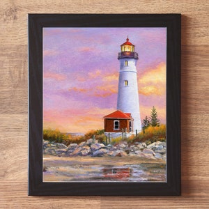 Lighthouse ORIGINAL painting, Sunset beach art framed, Crisp point lighthouse fine art, Seascape wall art Beach house decor Nautical artwork Black frame