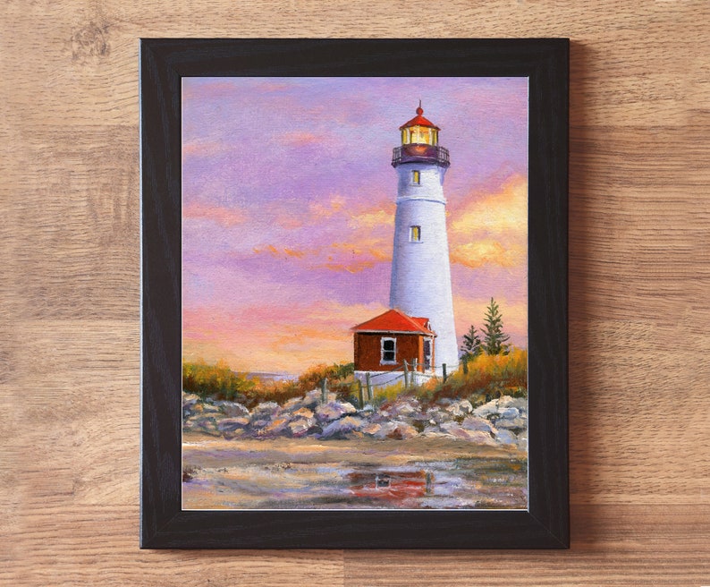 Lighthouse ORIGINAL painting, Sunset beach art framed, Crisp point lighthouse fine art, Seascape wall art Beach house decor Nautical artwork Black frame