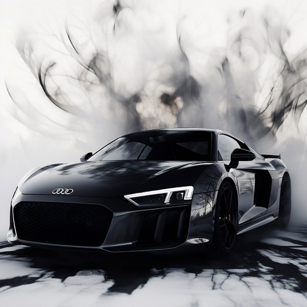 Schwarzer schlanker Audi R8 minimalistischer abstrakter Sportwagen in Garage mit schwarz-weißem abstraktem Hintergrund - DIGITALER DOWNLOAD