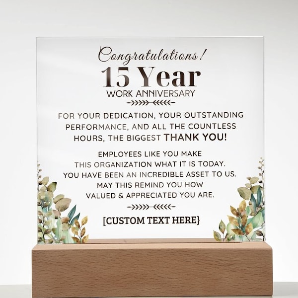 15 Years of Service Work Anniversary, Personalized Acrylic Plaque , Custom Plaque for Employee Recognition, Retirement Gift Ideas, Desk sign