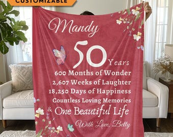 Custom 50th birthday gift for women, Unique Gift for her, 50 years Friend Birthday Mink Touch Sherpa personalised Blanket Throw