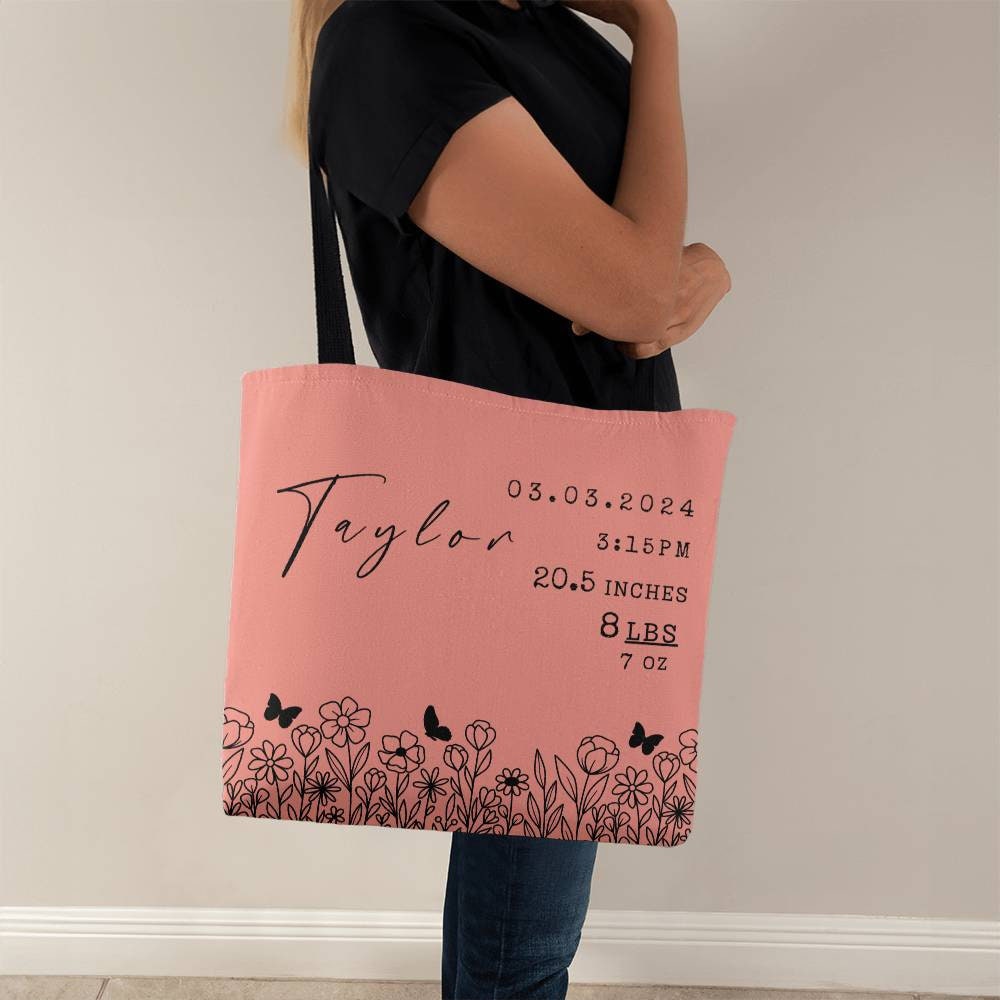 Birth Stats Floral Tote Bag for New Mom, Personalized Diaper Bag, First Mothers Day Gift, Custom