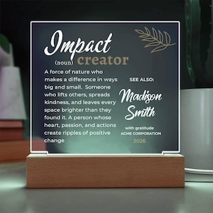 Personlig present till anställda som gör skillnad, plakett för utmärkelsen Impact Creator, företagsuppskattning, erkännande av chefer