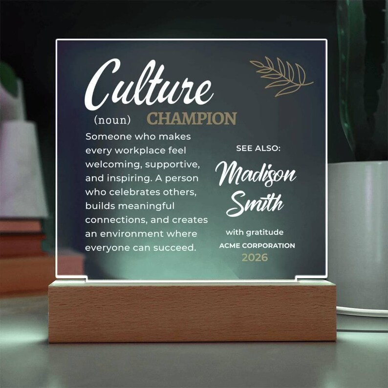 Presente personalizado "Fazedor de Diferença" para funcionários, placa de premiação "Campeão da Cultura", reconhecimento corporativo, reconhecimento de líderes executivos. CORDED USB LED Base