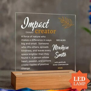 May include: A clear acrylic plaque set in a rectangular wooden base. The plaque features the text Impact (noun) creator, a definition of the term, and the name Madison Smith with the text SEE ALSO, ACME CORPORATION, and the year 2026 printed on it.