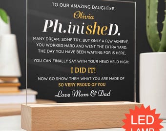 Custom Phd Graduation Gift from Parents, Phinished LED Plaque Desk Plaque New Doctor Personalised Gift, Personalized PHD Gift