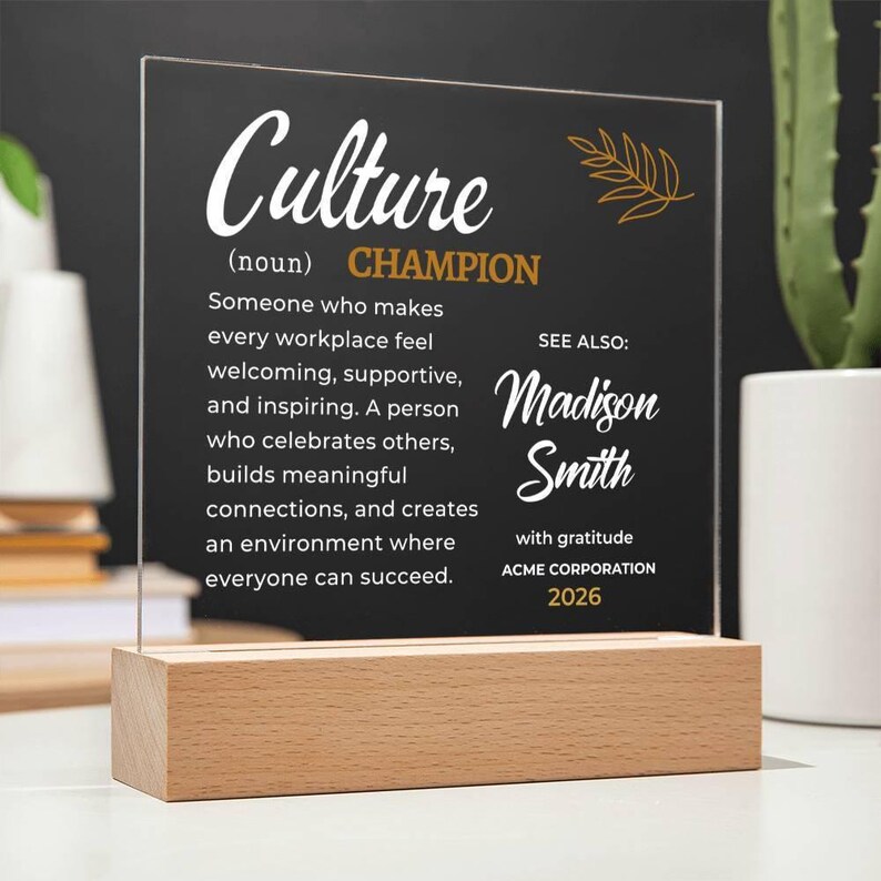 Presente personalizado "Fazedor de Diferença" para funcionários, placa de premiação "Campeão da Cultura", reconhecimento corporativo, reconhecimento de líderes executivos. imagem 6