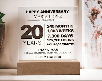 Work Anniversary 20 Year Custom Plaque - Retirement Plaque Employee Recognition Appreciation Gift for Coworker - Retirement Gifts