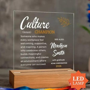 Difference Maker Personalized Gift for Employee, Culture Champion Award Plaque, Corporate Appreciation, Executive Leader Recognition
