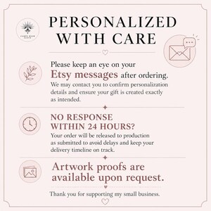 text that provides instructions for handling an order placed on Etsy. It includes information about keeping an eye on the order, confirming personalization details, and ensuring the gift is created exactly as intended. The text also mentions that no response within 24 hours is expected, and that artwork is available upon request. The image does not contain any visual elements, such as images or logos, and does not describe each one individually. It is a single, continuous text block.